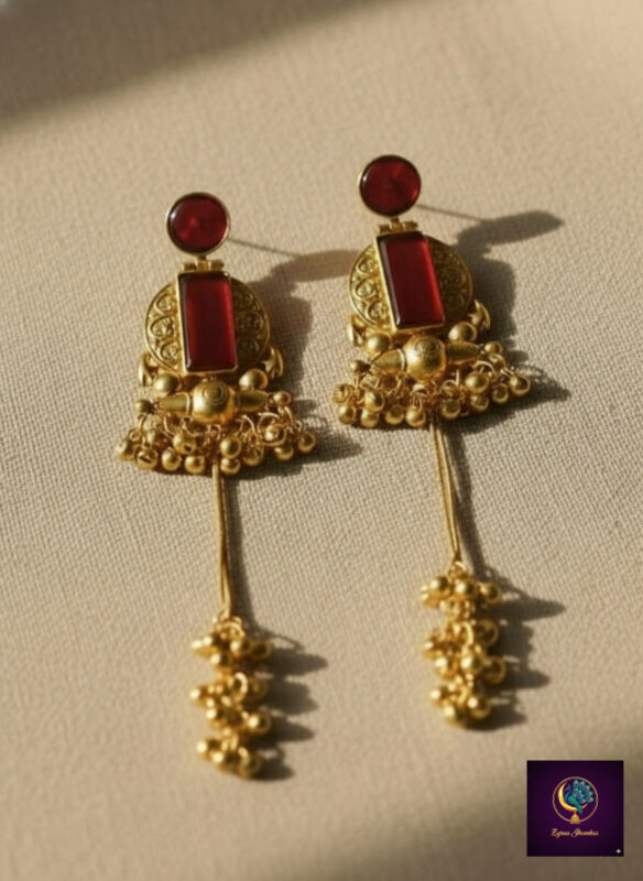 Gold plated Kashmiri long dangle earrings with red stone and bead clusters