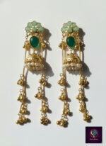Antique gold finish long jhumka earrings with green stones, pearl detailing and dangling ghungroo chains, anti-tarnish artificial ethnic jewelry for women