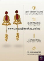 Gold-plated Kashmiri long dangle earrings with red stone and bead clusters