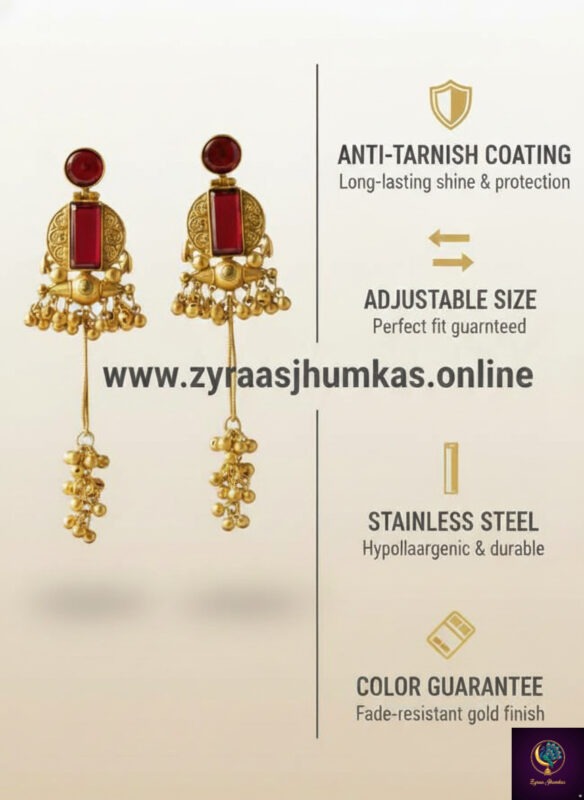 Gold-plated Kashmiri long dangle earrings with red stone and bead clusters