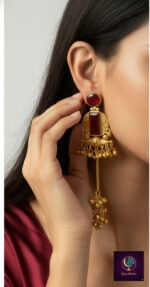 Gold-plated Kashmiri long dangle earrings with red stone and bead clusters