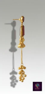 Gold-plated Kashmiri long dangle earrings with red stone and bead clusters