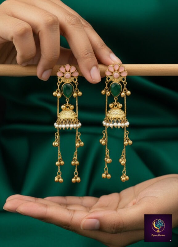 Floral pink and green long dangler jhumka earrings with gold finish, anti-tarnish artificial jewellery for women