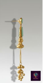 Gold plated Kashmiri long dangle jhumkas with green stones and bead chains
