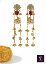 Kashmiri Jhumkas Pink and green floral long dangler jhumka earrings with gold finish, pearl detailing and ghungroo chains