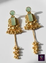 Gold plated Kashmiri long dangle jhumkas with green stones and bead chains