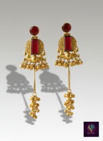 Gold-plated Kashmiri long dangle earrings with red stone and bead clusters