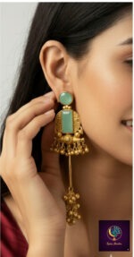 Gold plated Kashmiri long dangle jhumkas with green stones and bead chains