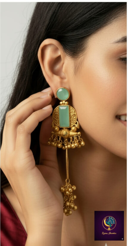 Gold plated Kashmiri long dangle jhumkas with green stones and bead chains