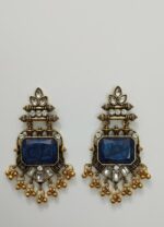 Antique gold finish blue kundan dangler earrings with rectangular stone