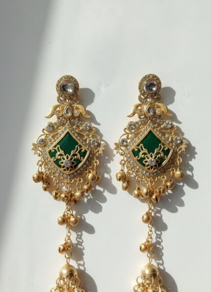 Kashmiri jhumka green enamel gold tone anti tarnish artificial earrings for women with traditional design