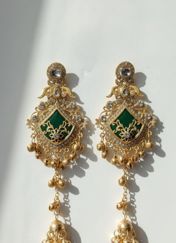 Kashmiri jhumka green enamel gold tone anti tarnish artificial earrings for women with traditional design