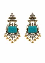 Vintage chandbali drop earrings with turquoise blue rectangular gemstone, antique gold finish, kundan stones, and small dangling gold beads on a white background.