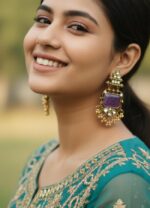 Dangler Earrings Antique Gold Finish Purple Kundan for Women | Traditional Artificial Statement Jewellery - Image 2