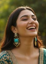 Vintage chandbali drop earrings with turquoise blue rectangular gemstone, antique gold finish, kundan stones, and small dangling gold beads on a white background.