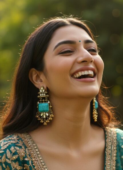 Vintage chandbali drop earrings with turquoise blue rectangular gemstone, antique gold finish, kundan stones, and small dangling gold beads on a white background.