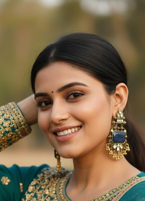 Antique gold finish blue kundan dangler earrings with rectangular stone