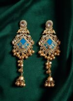 Antique gold finish blue Kashmiri kundan dangler earrings with jhumka beads
