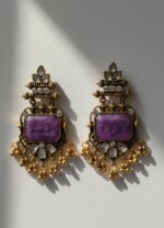 Dangler Earrings Antique Gold Finish Purple Kundan for Women | Traditional Artificial Statement Jewellery
