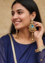 Antique gold finish blue Kashmiri kundan dangler earrings with jhumka beads