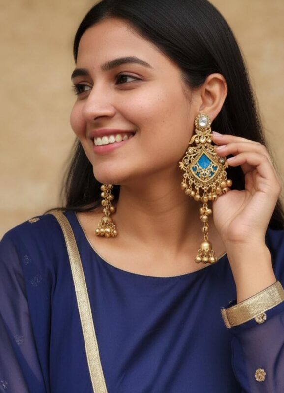 Antique gold finish blue Kashmiri kundan dangler earrings with jhumka beads