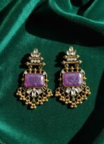 Dangler Earrings Antique Gold Finish Purple Kundan for Women | Traditional Artificial Statement Jewellery - Image 4