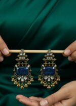 Antique gold finish blue kundan dangler earrings with rectangular stone