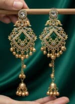 Elegant Kashmiri Jhumka earrings with green enamel and gold-tone finish. Perfect traditional jewelry.