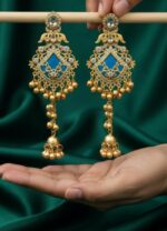 Antique gold finish blue Kashmiri kundan dangler earrings with jhumka beads