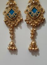 Antique gold finish blue Kashmiri kundan dangler earrings with jhumka beads
