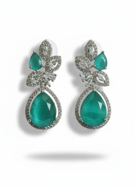 AD Earrings green teardrop American Diamond drop earrings with silver finish and anti tarnish polish