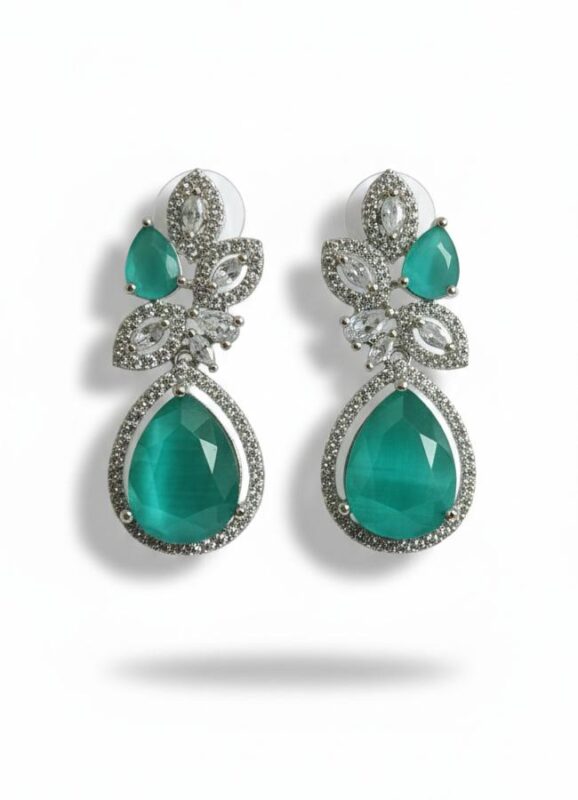 AD Earrings green teardrop American Diamond drop earrings with silver finish and anti tarnish polish